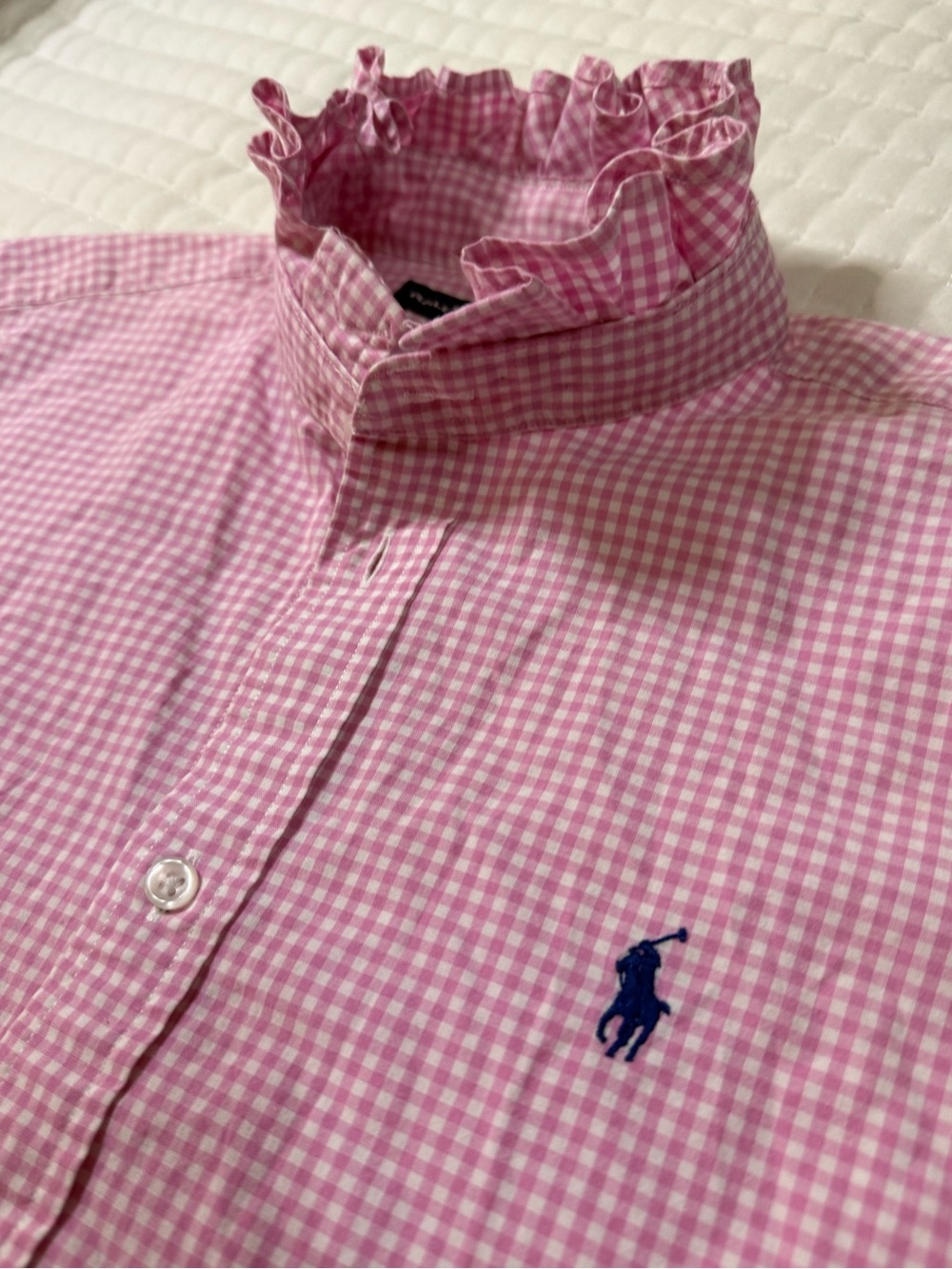 Upcycled Ralph Lauren Light Pink Gingham Ruffle Collar Button-Up - Picture 6 of 11